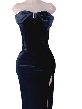 Pear Culture Women's Black Velvet Bow Side Slit Long Bodycon Dress Size 9/10